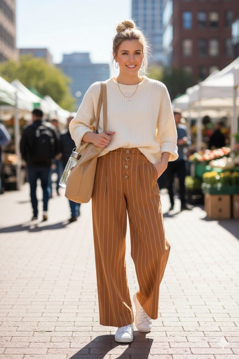 Pinstripe Wide Leg Pant - CAMEL