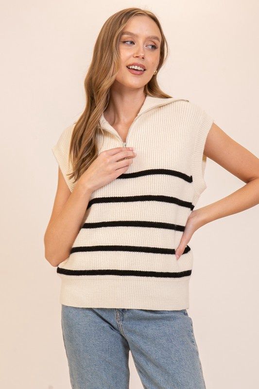 Stripe Zip Sweater Vest - BLACK/CREAM