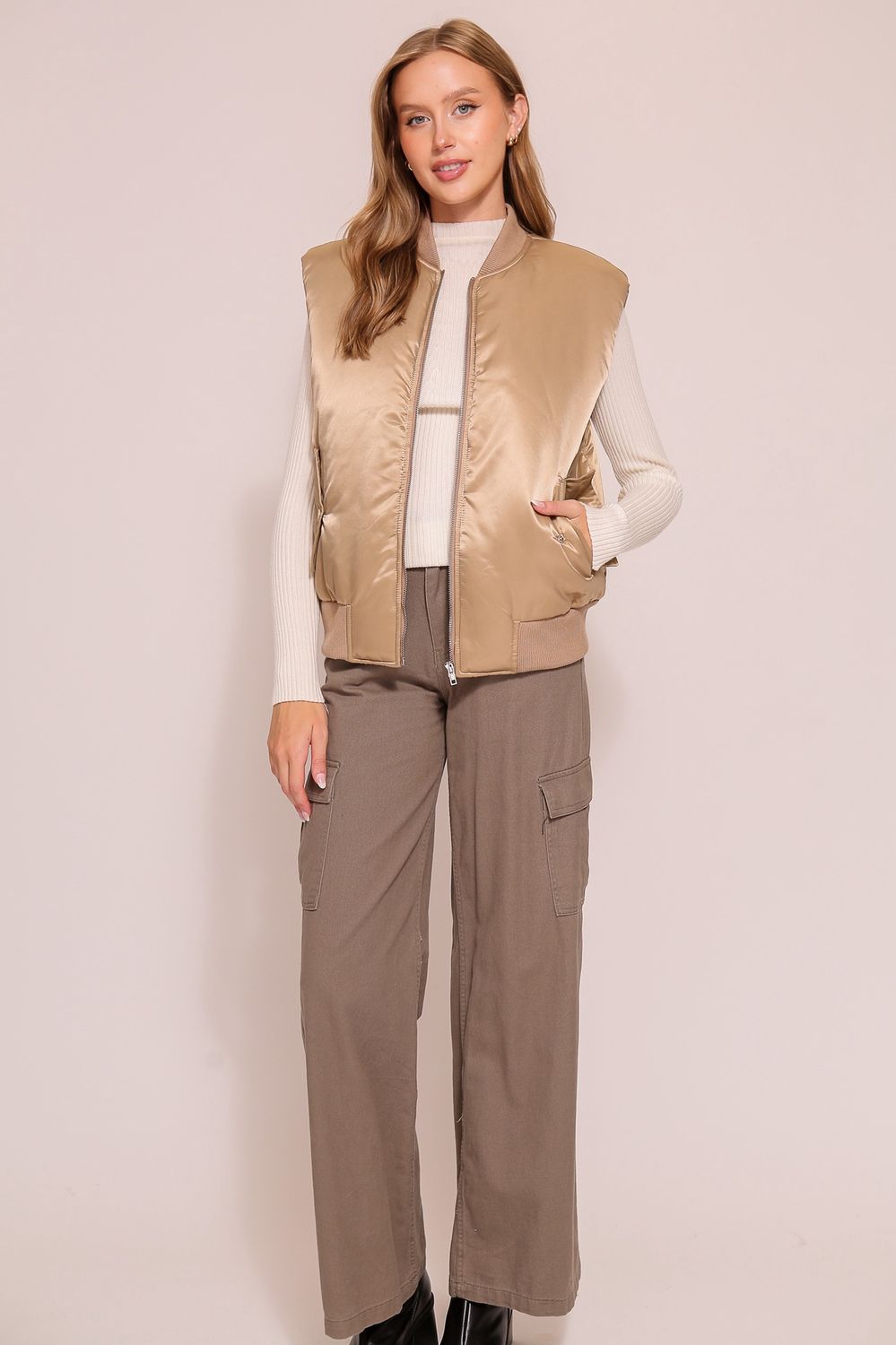Satin Bomber Vest - TAUPE