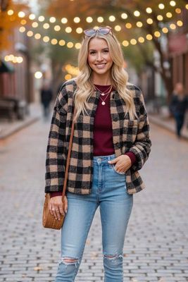 Plaid Sherpa Jacket -BLACK/TAUPE