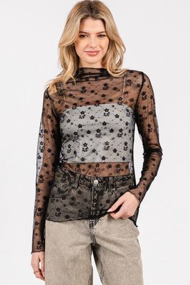Floral Mesh Lace Top - BLACK