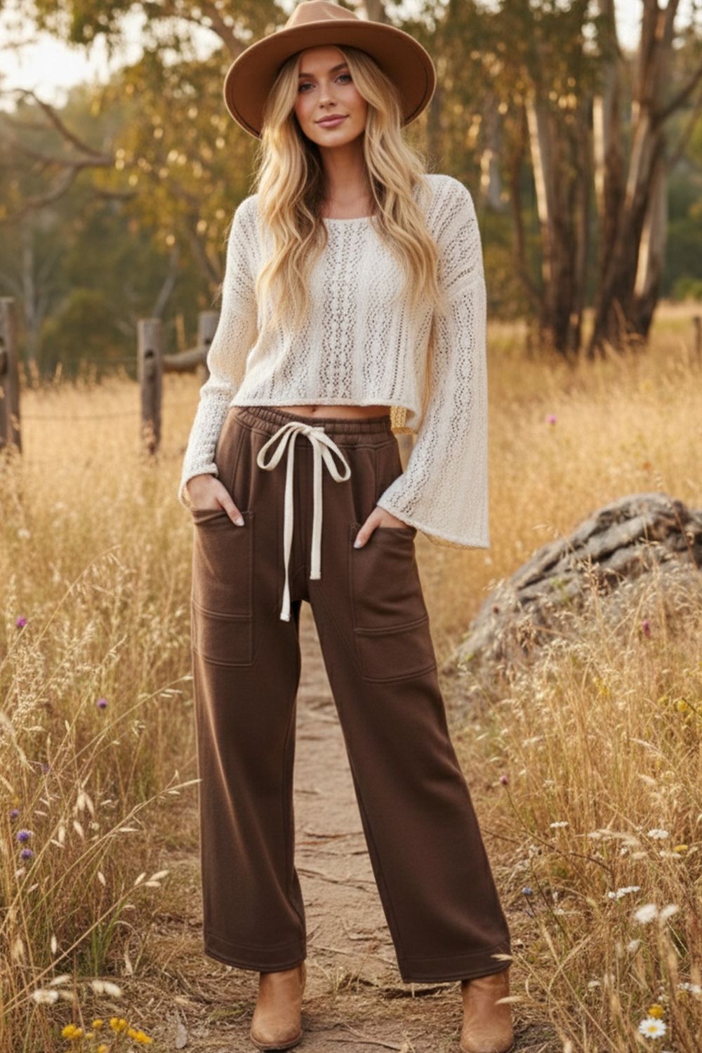 French Terry wide Leg Sweatpants - BROWN
