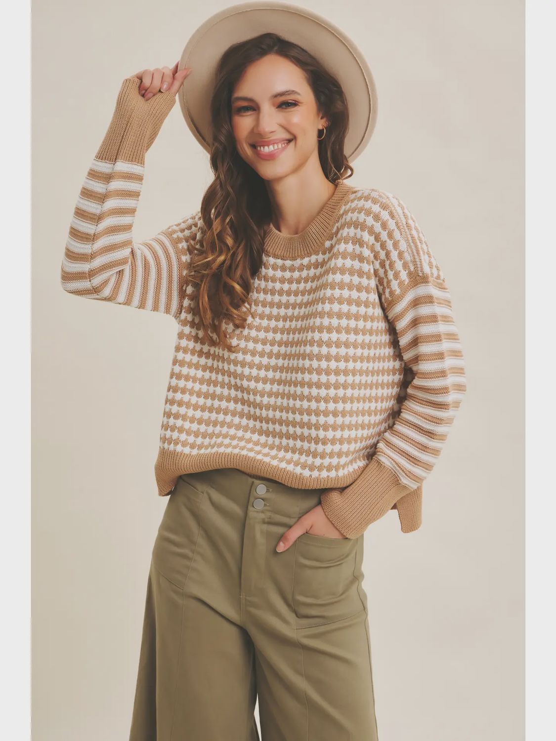 Claire Stripe Crewneck Sweater - CAMEL