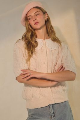 Cable Knitted Sweater w/Peter Pan Collar - CREAM