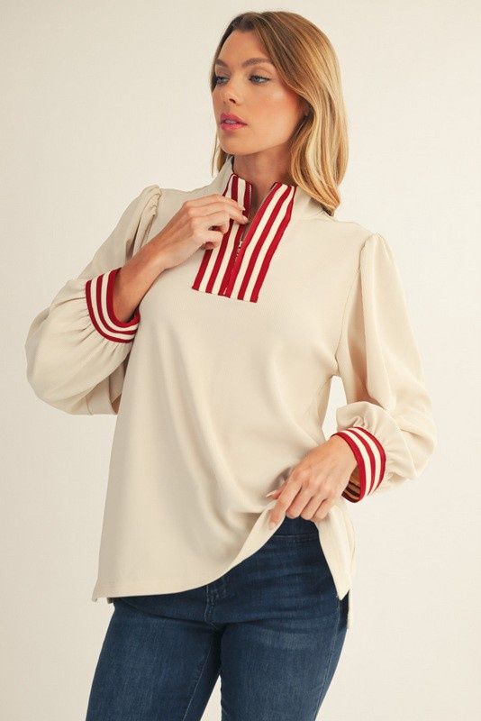 Color Rib Band High Neck Top - CREAM