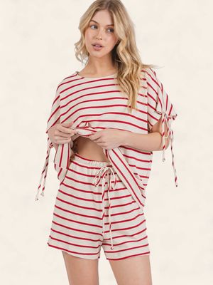 Striped Batwing Sleeve Set - RED/WHITE