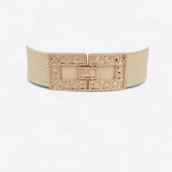 Rhinestone Buckle Stretch Belt - BEIGE