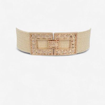 Rhinestone Buckle Stretch Belt - BEIGE