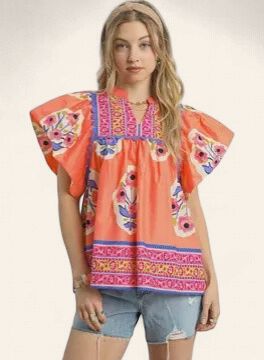 Nina Floral Border Blouse - CORAL