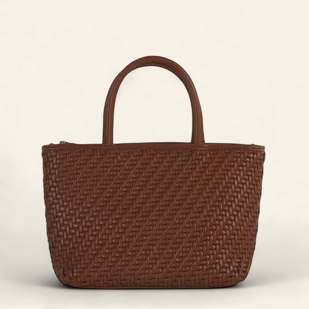 Woven Faux Leather Large Tote -BROWN