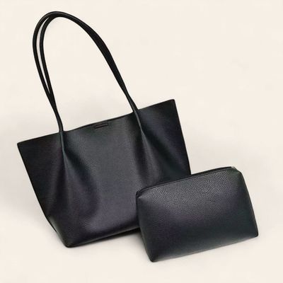Leather Tote w/Cosmetic Pouch - BLACK