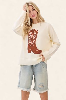 Cowboy Boot Sweater - CREAM