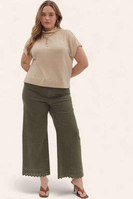 Plus Embroidered Hem Pants - OLIVE