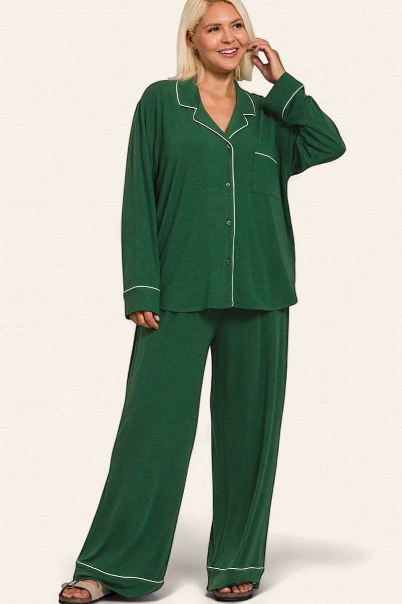 Plus Long Sleeve Pajama Set - DARK GREEN
