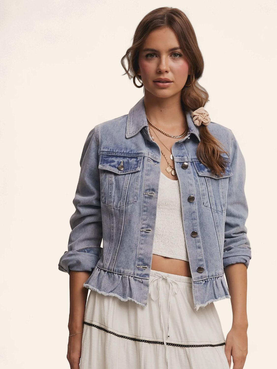 Ruffled Hem Denim Jacket