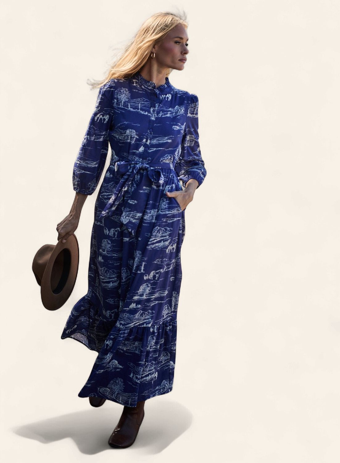 Country Toile Print Midi Dress - NAVY