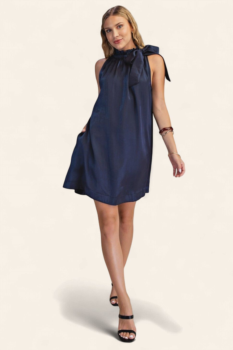 Ruffle Neck Tie  Sleeveless Mini Dress - NAVY