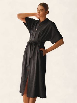 Plus Shirt Dress w/Belted Waist - BLACK