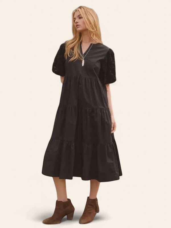 Poplin Tiered Midi Dress - BLACK