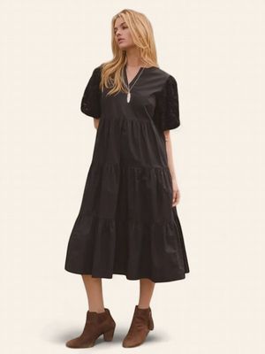 Poplin Tiered Midi Dress - BLACK