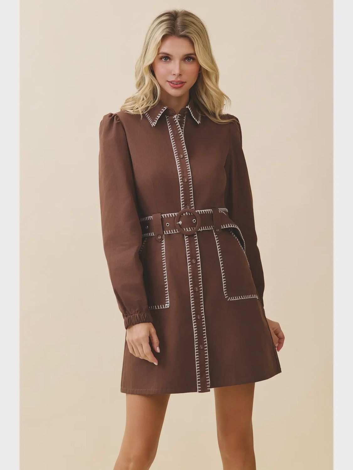 Contrast Whipstitch Dress - CHOCOLATE