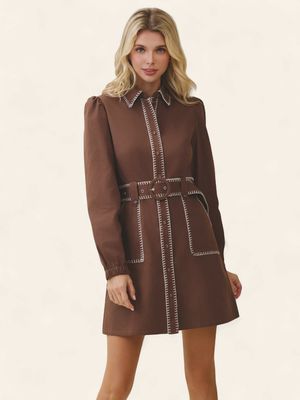 Contrast Whipstitch Dress - CHOCOLATE