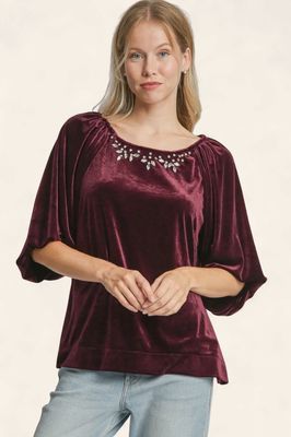 Velvet Round Neck Top - WINE
