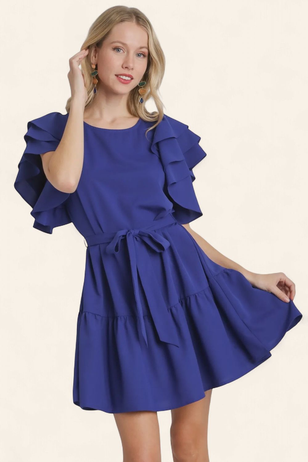 Round Neck Ruffle Dress - SAPPHIRE