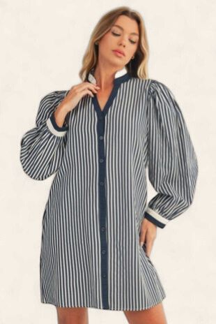 Ruffled Neckline Stripe Dress - DENIM