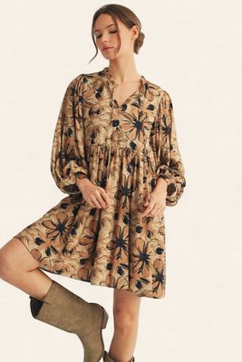 Floral Peasant Dress - TAUPE