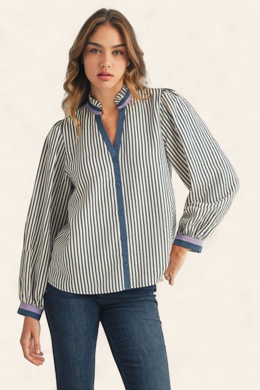 Ruffled Neckline Stripe Top - DENIM