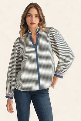 Ruffled Neckline Stripe Top - DENIM