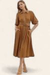 Tie Waist Contrast Stitch Dress - CAMEL