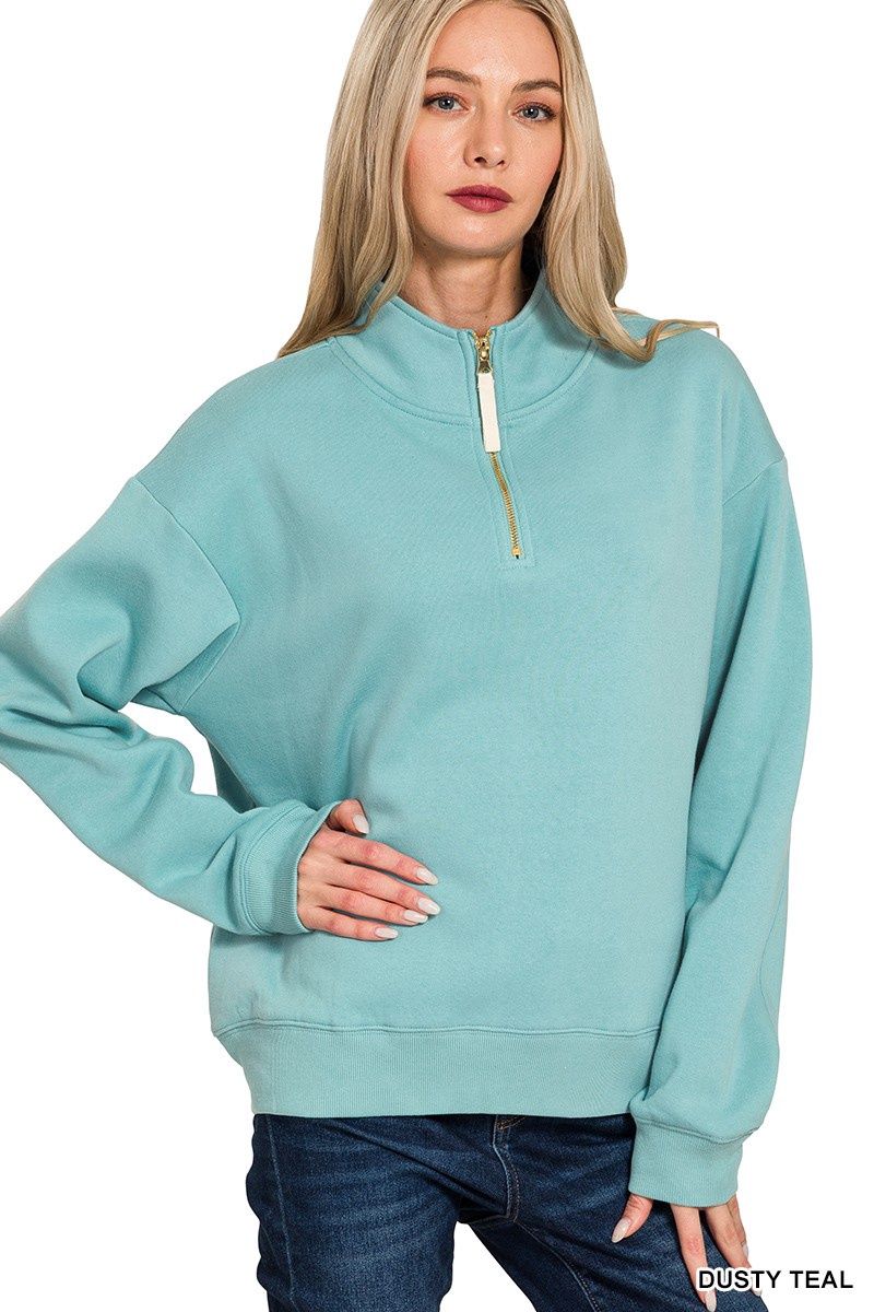 Fleece Half Zip Sweatshirt - DUSTY TEAL