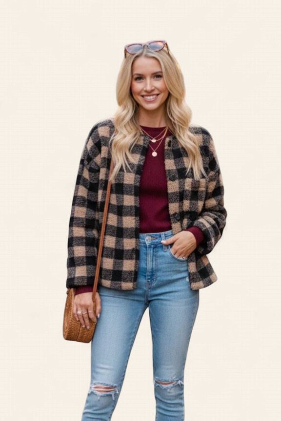 Plaid Sherpa Jacket -BLACK/TAUPE