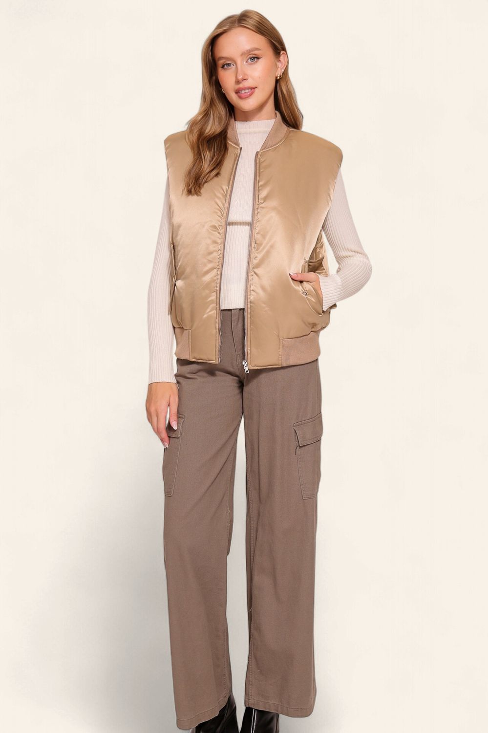 Satin Bomber Vest - TAUPE