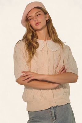 Cable Knitted Sweater w/Peter Pan Collar - CREAM
