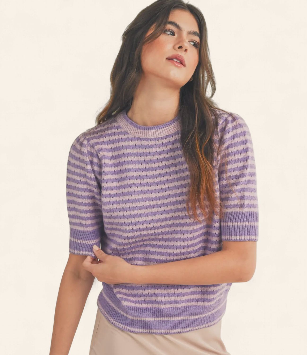 Lindy Pointelle Sweater - PINK/LAVENDER