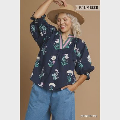 Plus Floral Blouse - NAVY