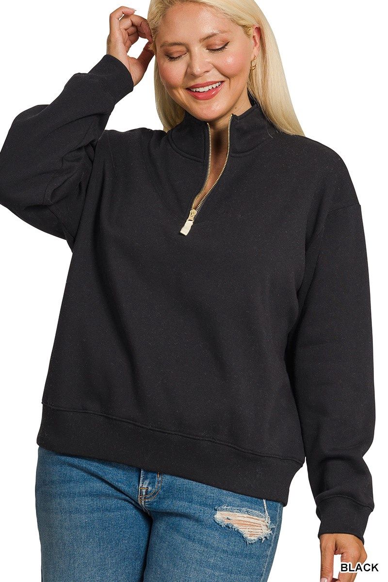 Plus Fleece Half Zip Sweatshirt - BLACK