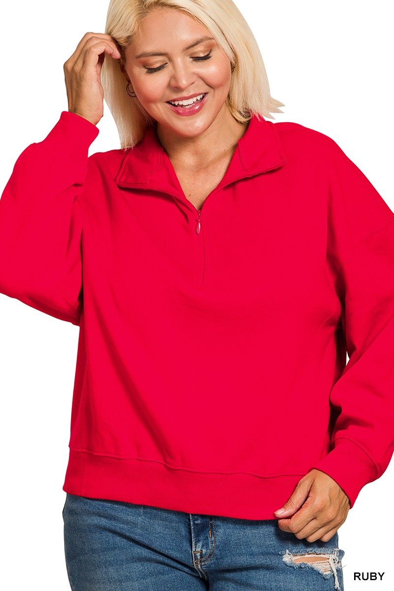 Plus Fleece Half Zip Sweatshirt - RED
