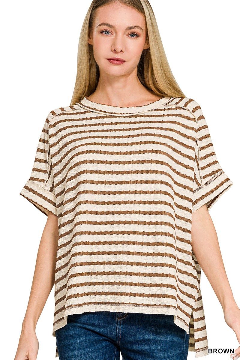 Striped Hi-Low Tee - BROWN