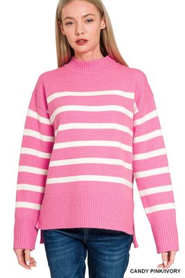 Striped Mock Neck Sweater - CANDY PINK