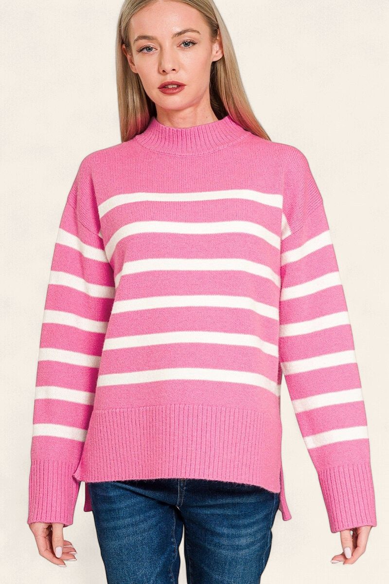 Striped Mock Neck Sweater - CANDY PINK