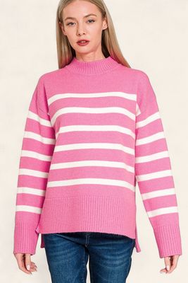 Striped Mock Neck Sweater - CANDY PINK