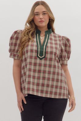 Plus Plaid Woven Top - TAUPE