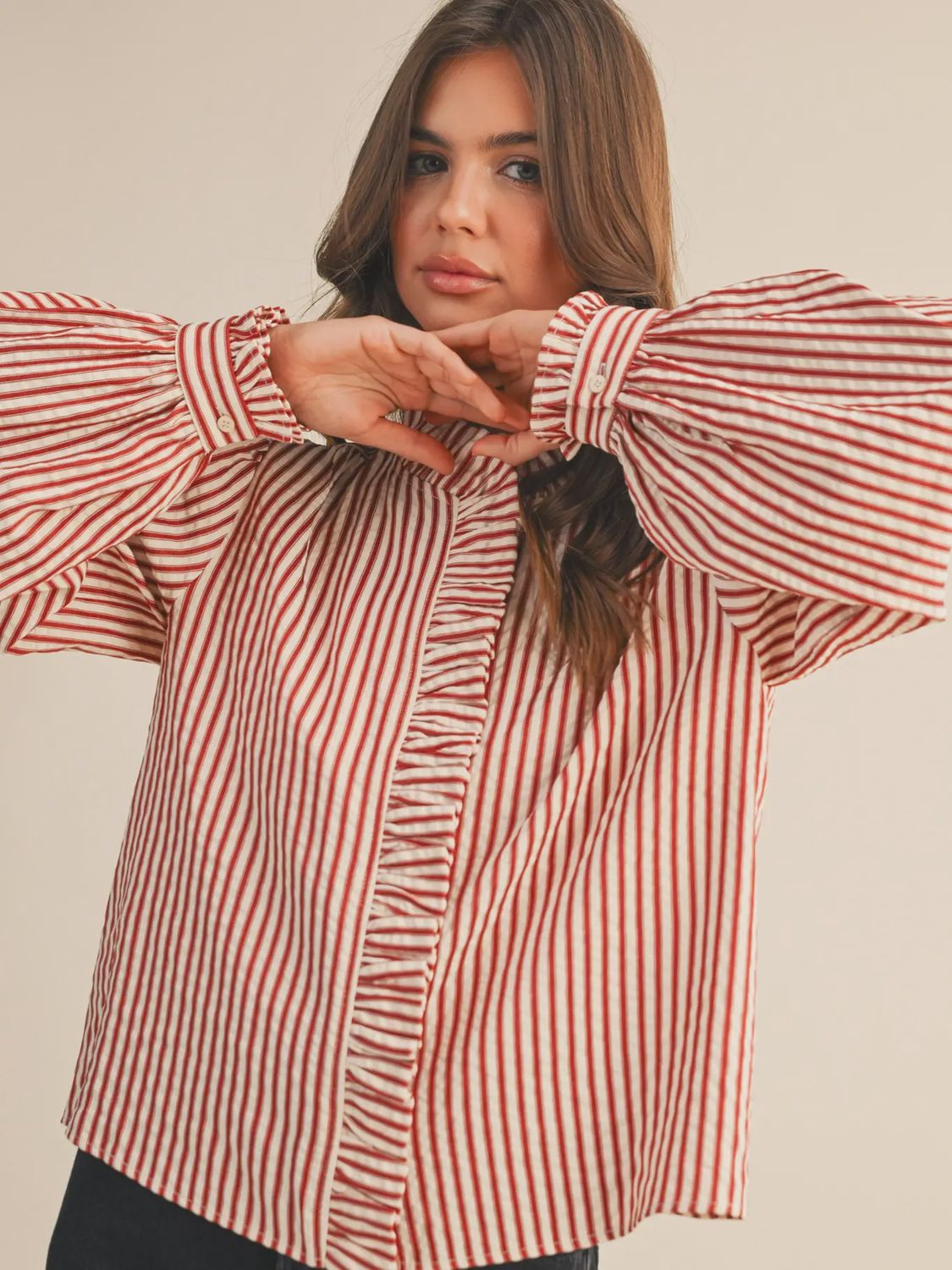 Janie Stripe Ruffle Detail Top - RED