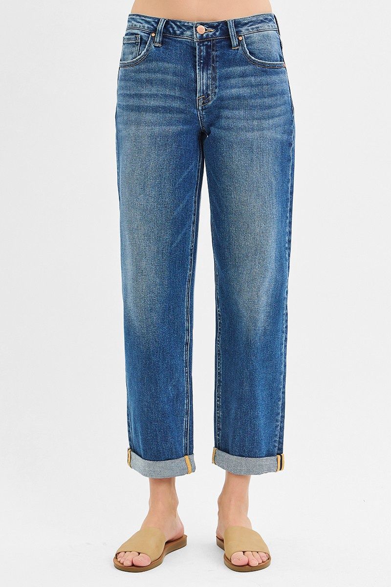 RISEN Mid Rise Boyfriend Roll Up Jeans - DARK