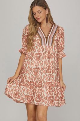 Camille Woven Print Dress - ROSE