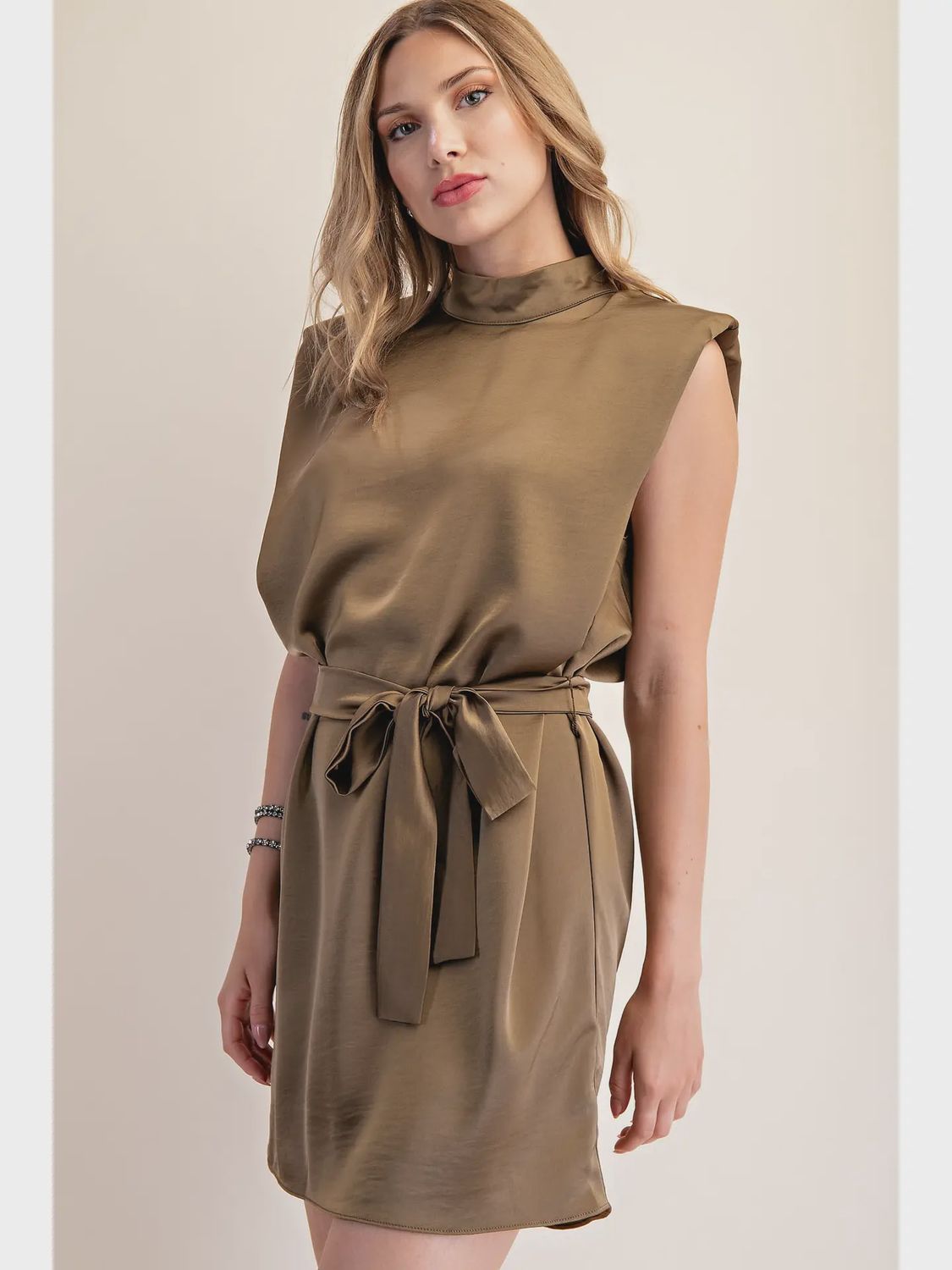 Maegan Mock Neck Mini Satin Dress - OLIVE